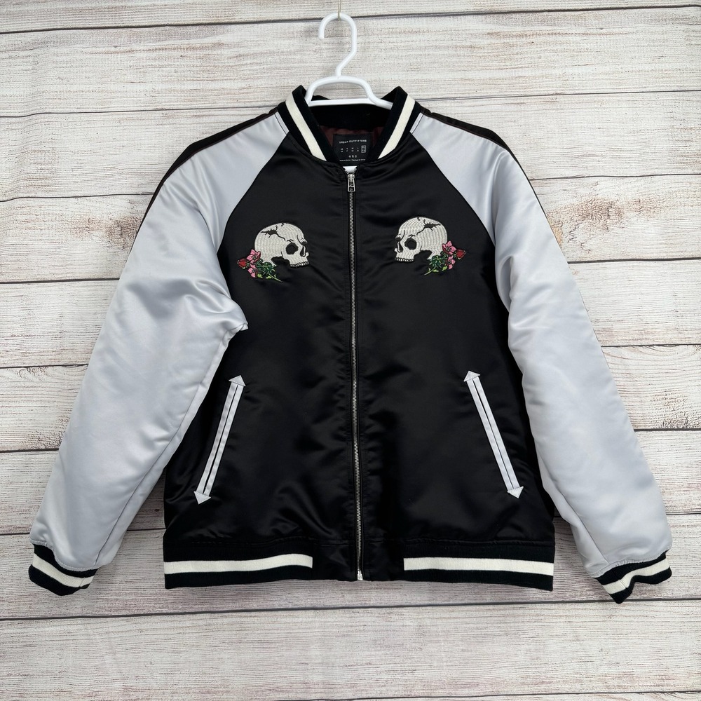 Urban Outfitters Bomber Jacket Mens XL Black Silver Skull Mushroom Embroidered